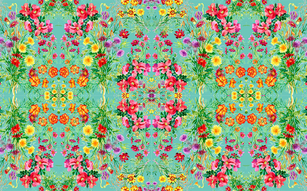 Fular de seda natural con forro chal reversible verde mar con flores - Imagen 2