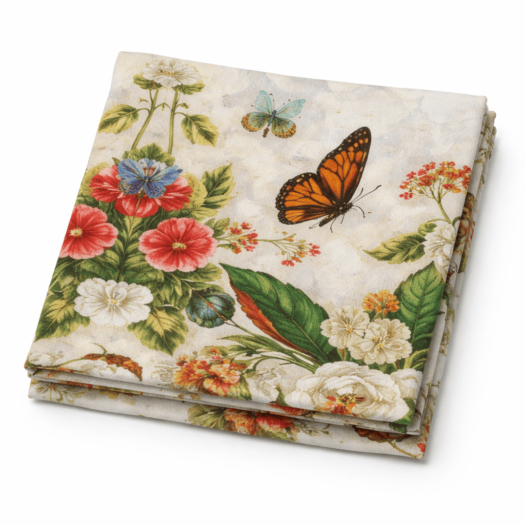 Fular de seda natural con forro chal beige con flores y mariposas