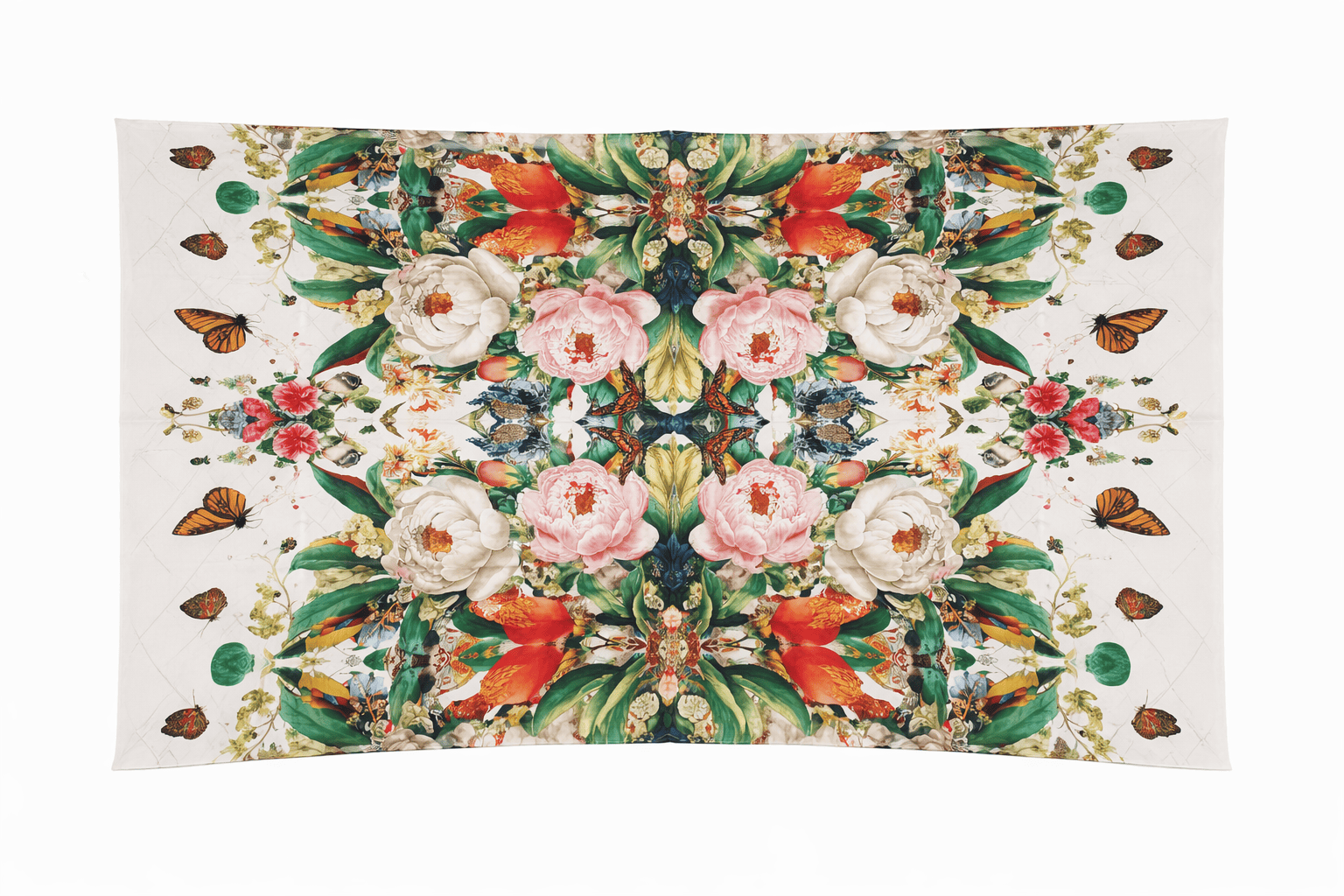 Fular de seda natural de flores rosa y verde y fondo beige - Imagen 3