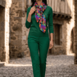 Fular de seda de mujer cuadros colores verde morado fucsia exclusivo de Julunggul