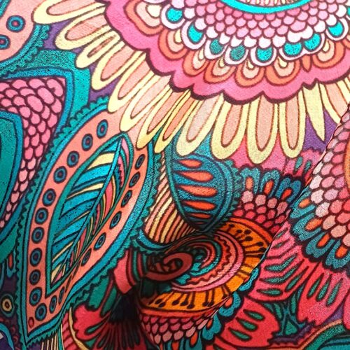 Fular de seda estampado paisley turquesa morado y fucsia Julunggul