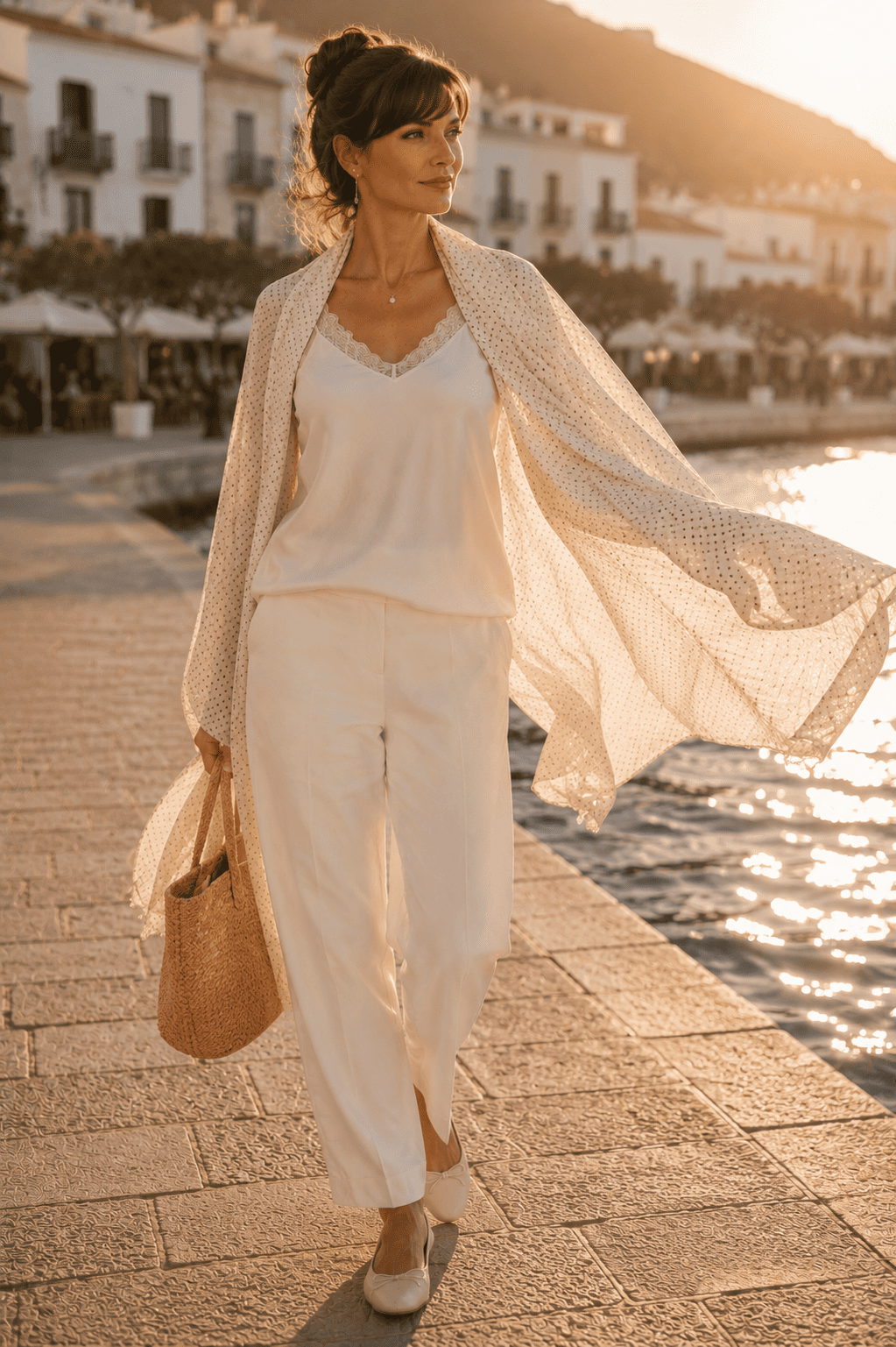 Fular de seda natural XL beige con topos o lunares pequeños negros para llevar de chal o echarpe, de Julunggul