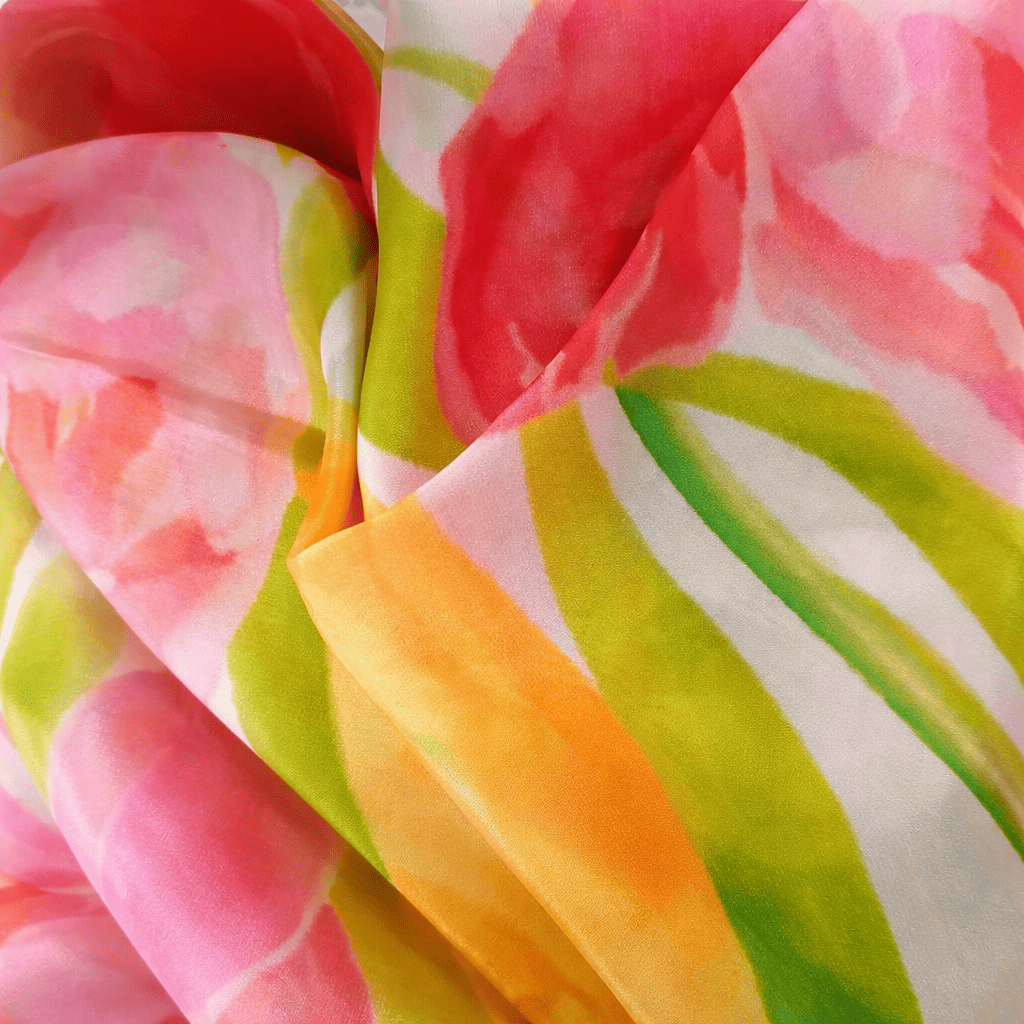 Fular de seda natural con forro blanco con tulipanes rosa y amarillos - Imagen 3