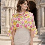 Fular de seda natural chal blanco con tulipanes rosa y amarillo