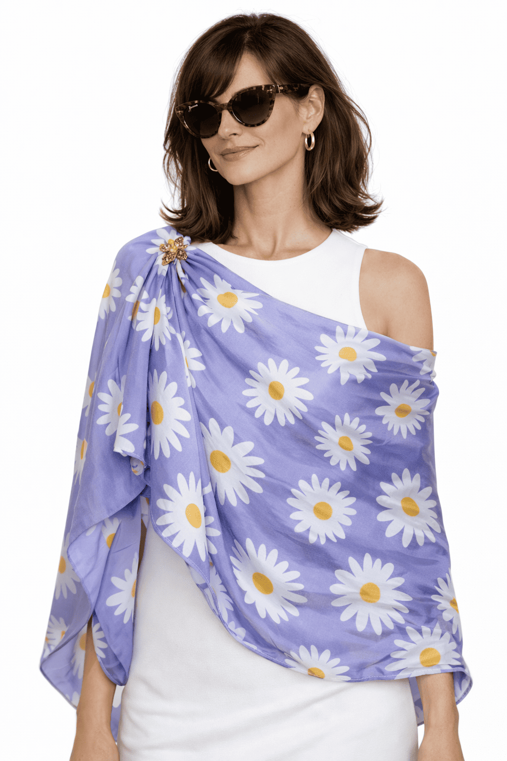 Fular de seda natural con forro lavanda con margaritas blancas - Imagen 3