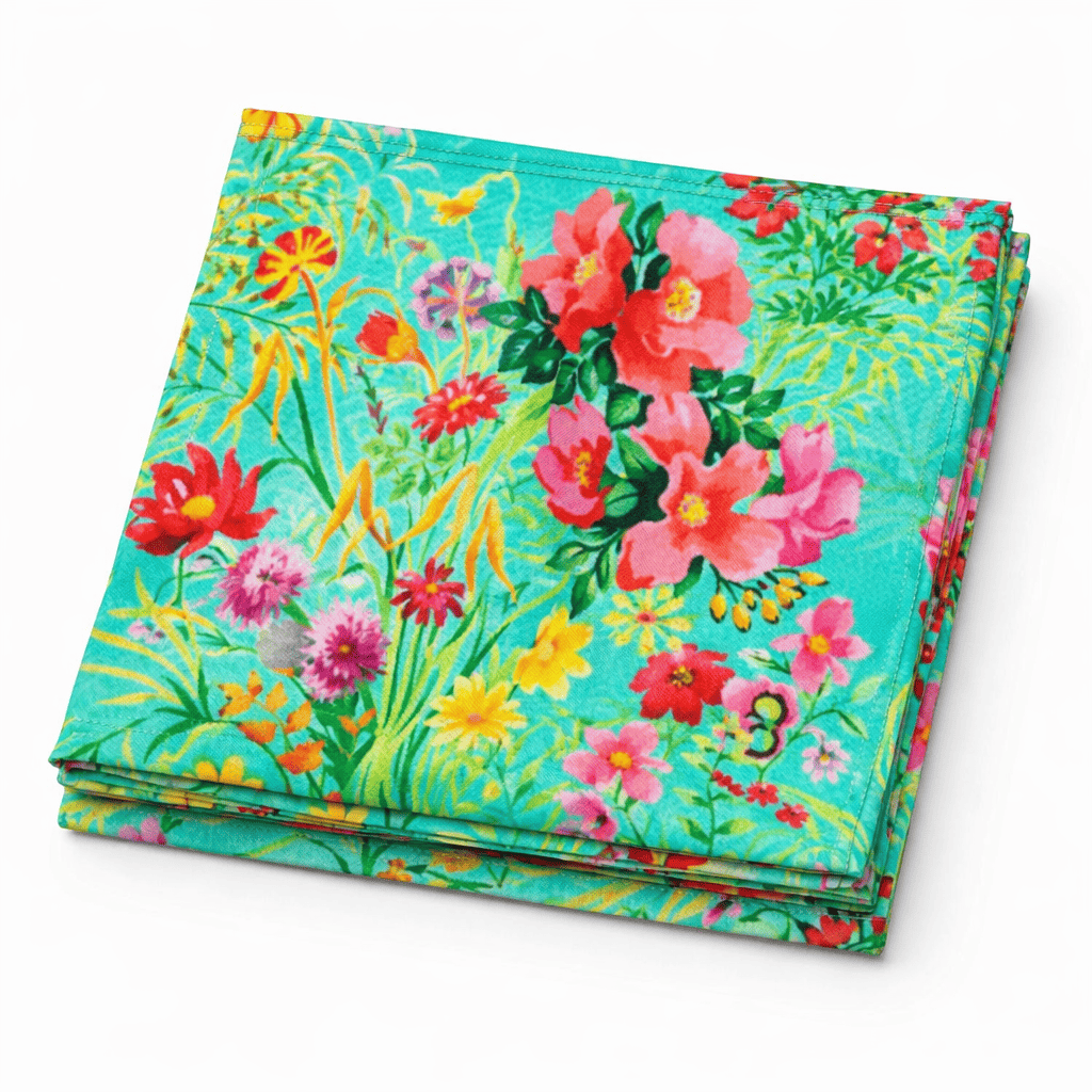 Fular de seda natural con forro chal reversible verde mar con flores