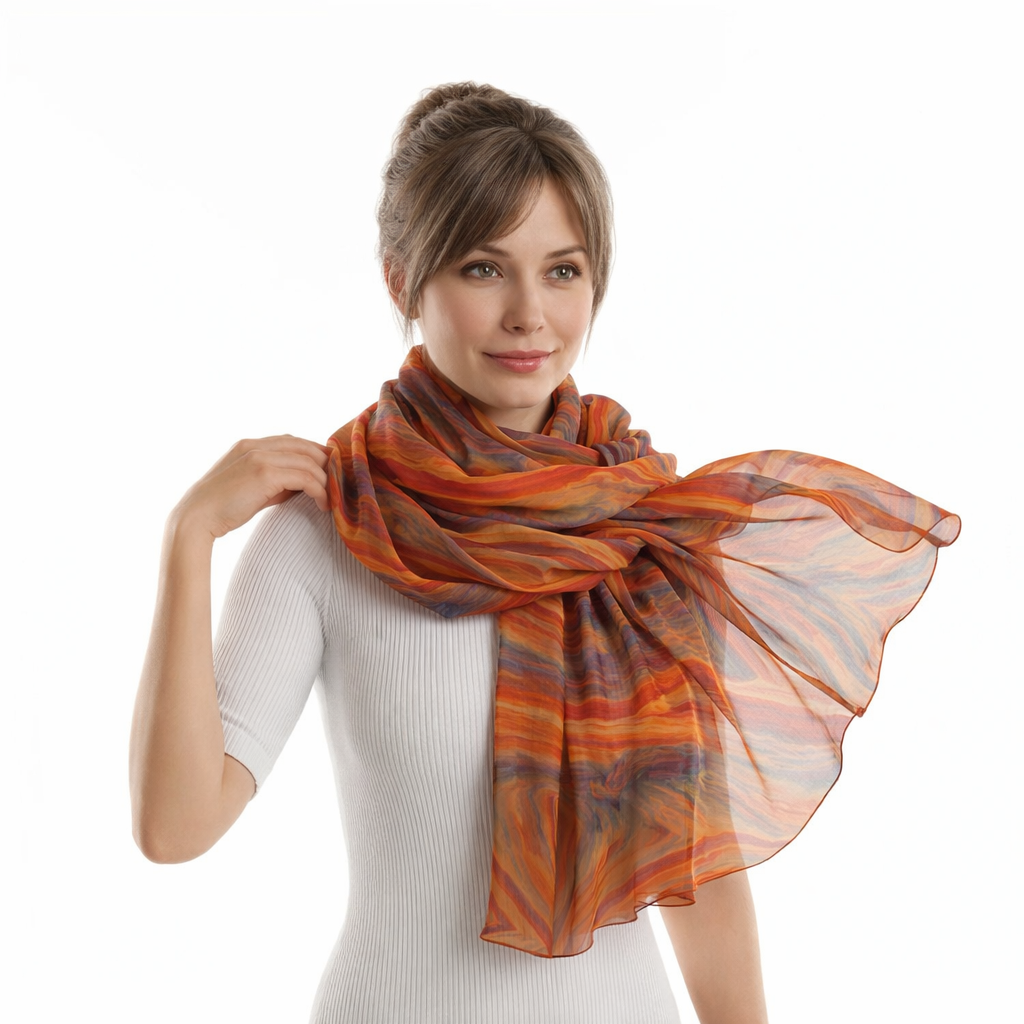 Fular de seda natural estampado colores rojos, azules y mostaza Julunggul