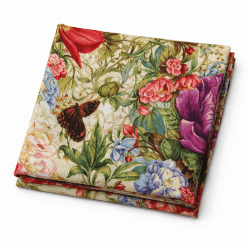 Fular de seda natural con forro camel con flores moradas y mariposas