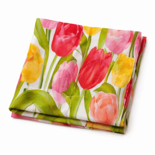 Fular de seda natural con forro blanco con tulipanes rosa y amarillos