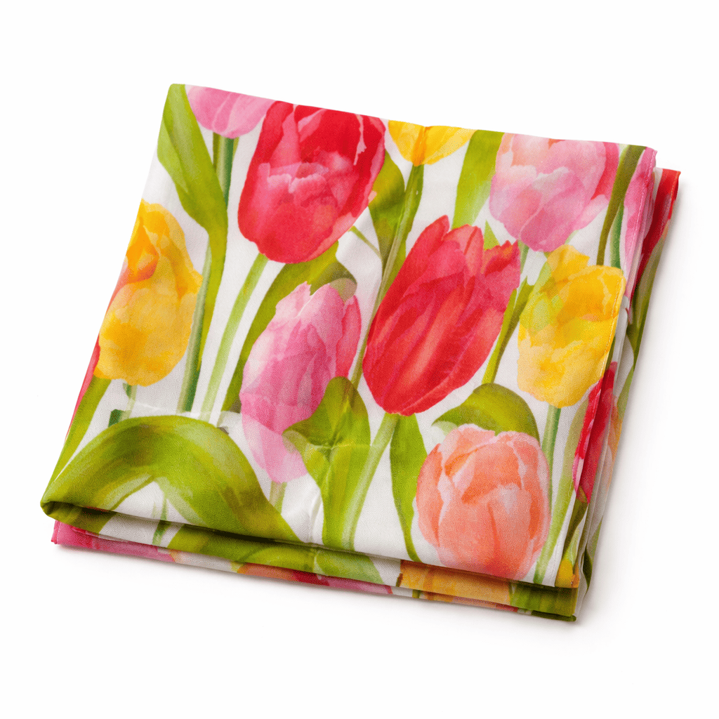 Fular de seda natural con forro blanco con tulipanes rosa y amarillos