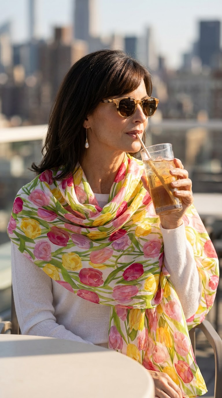 Fular de seda reversible chal blanco con tulipanes rosa y amarillo Julunggul