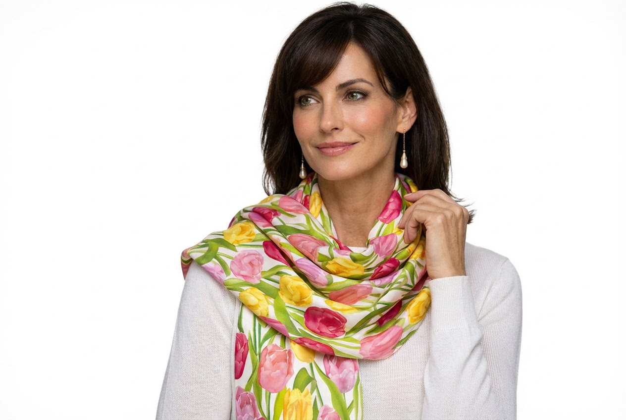 Fular de seda natural blanco con tulipanes rosas y amarillos - Imagen 3