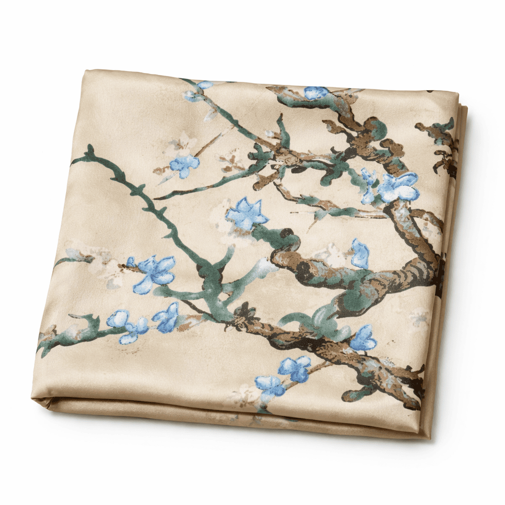 Fular de semi seda con forro Almendro en flor beige