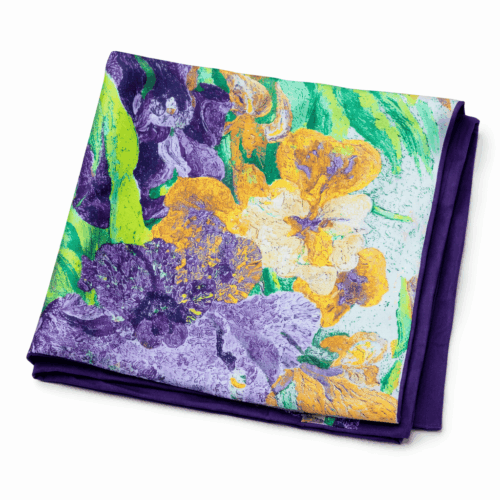 Fular de semiseda con forro flores mostaza y morado con verde