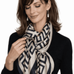 Fular de semiseda con forro estampado geométrico negro y beige Julunggul