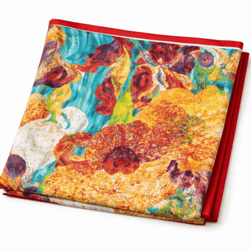 Fular de semiseda con forro flores mostaza y teja con verde