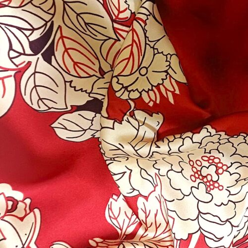 Fular de semiseda Rojo con flores beige