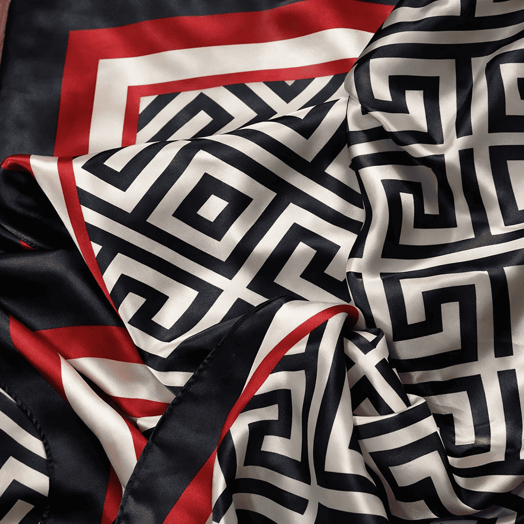 Fular de semiseda geometrico negro blanco y rojo Julunggul