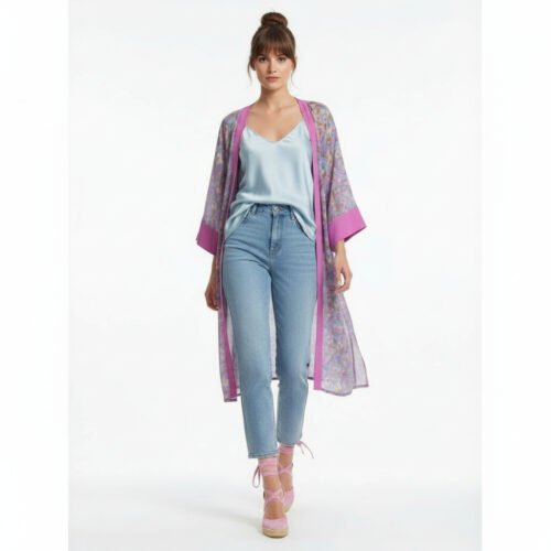 Kimono de seda de mujer estampada fucsia azul y verde