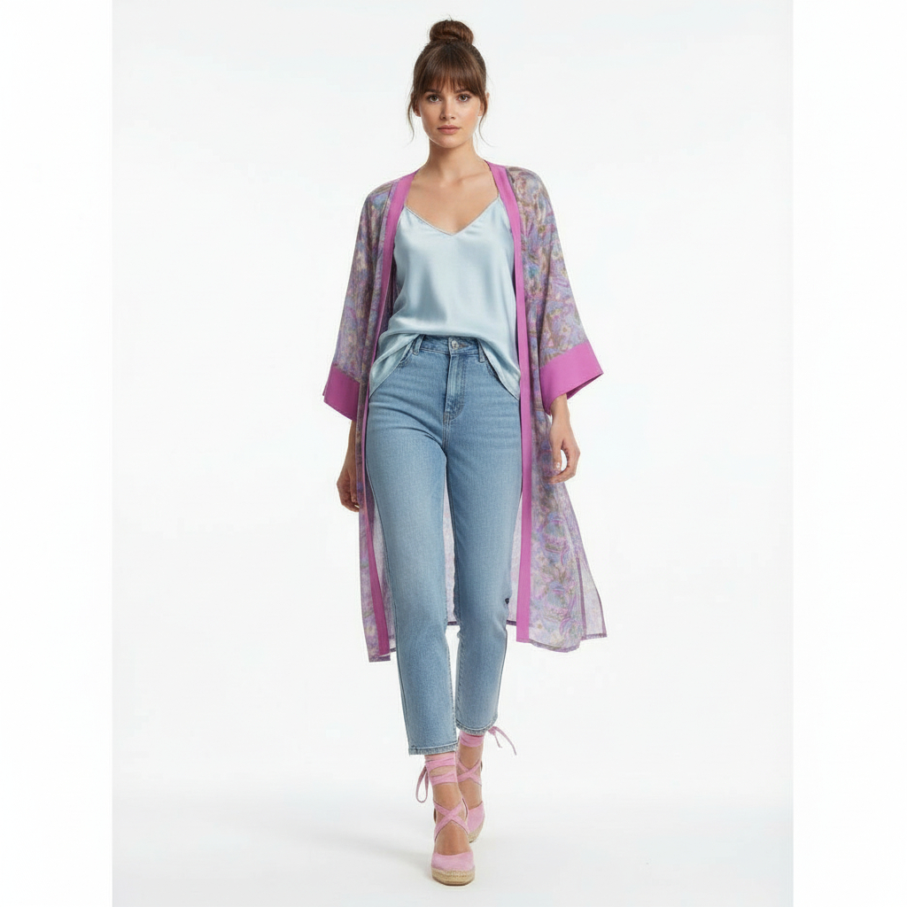 Kimono de seda de mujer estampada fucsia azul y verde