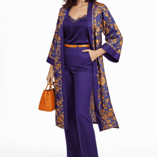 Kimono de seda morado y naranja