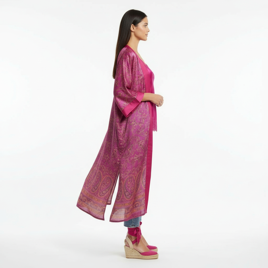 Kimono de seda fucsia largo - Imagen 3