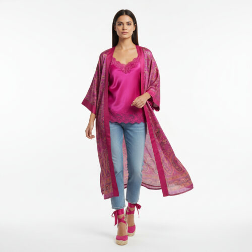 Kimono de seda fucsia largo