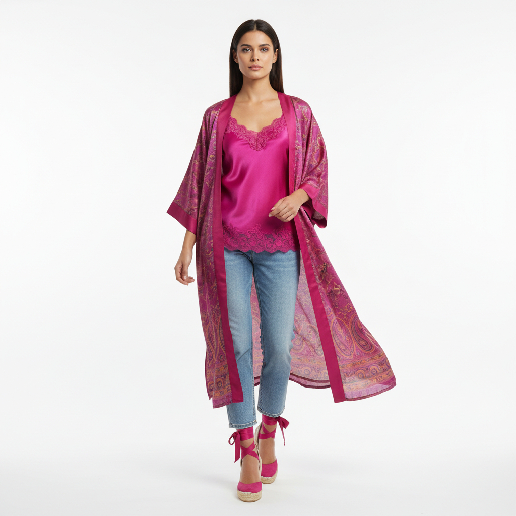 Kimono de seda fucsia largo
