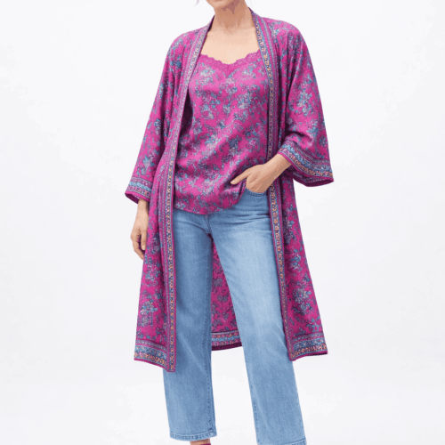 Kimono de semiseda fucsia estampado oriental