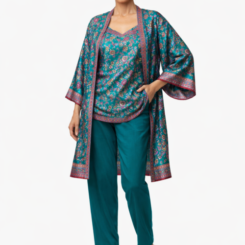 Kimono de semiseda verde estampado oriental