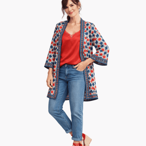 Kimono de semiseda corto blanco roto rojo y azul