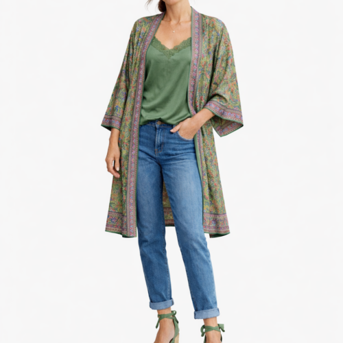 Kimono de semiseda de mujer estampado verde con cenefas