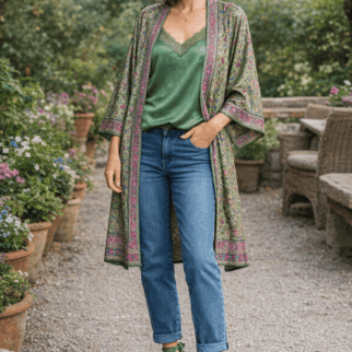 Kimono de semiseda estampado verde con cenefas Julunggul