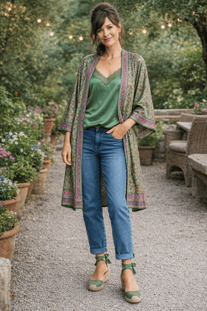 Kimono de semiseda estampado verde con cenefas Julunggul