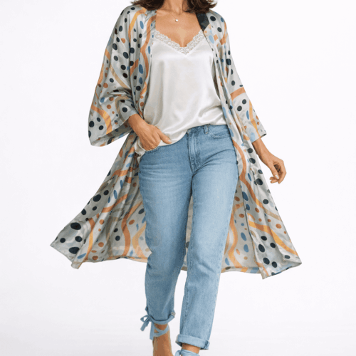 Kimono de semiseda azul acero estampado