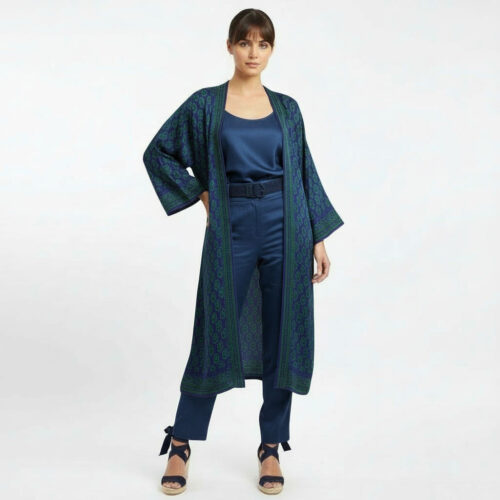 Kimono largo de semiseda azul y verde