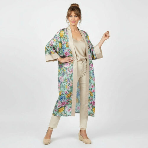 Kimono de semiseda largo beige con flores