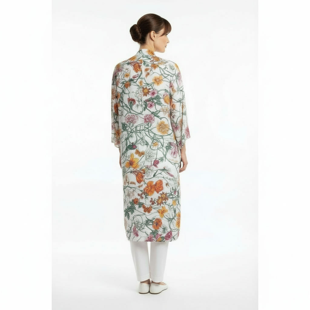 Pañuelo de semi seda grande 130x130 cm blanco con flores - Imagen 4