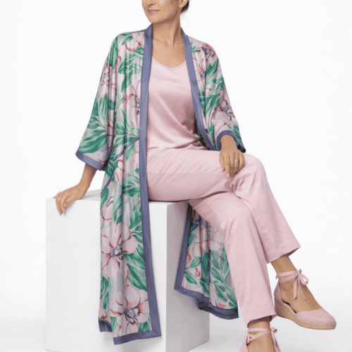 Kimono largo de semiseda malva rosa y verde