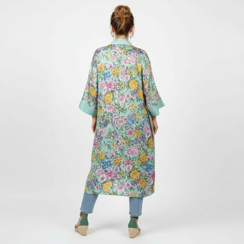 Pañuelo de semi seda grande verde mar con flores 130x130 cm - Imagen 4