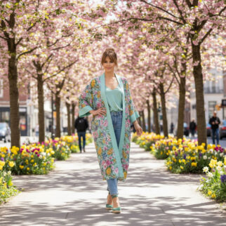 Kimono largo de semiseda verde mar con flores 3 Julunggul
