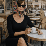 Pañuelo de seda de cabeza negro con flores Julunggul 1