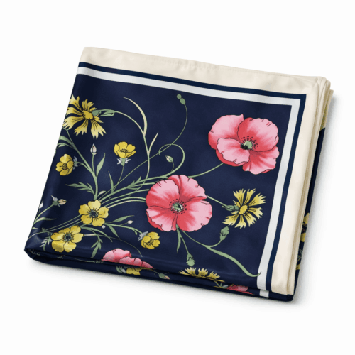 Pañuelo de semi seda grande azul marino y crudo con flores 130x130 cm