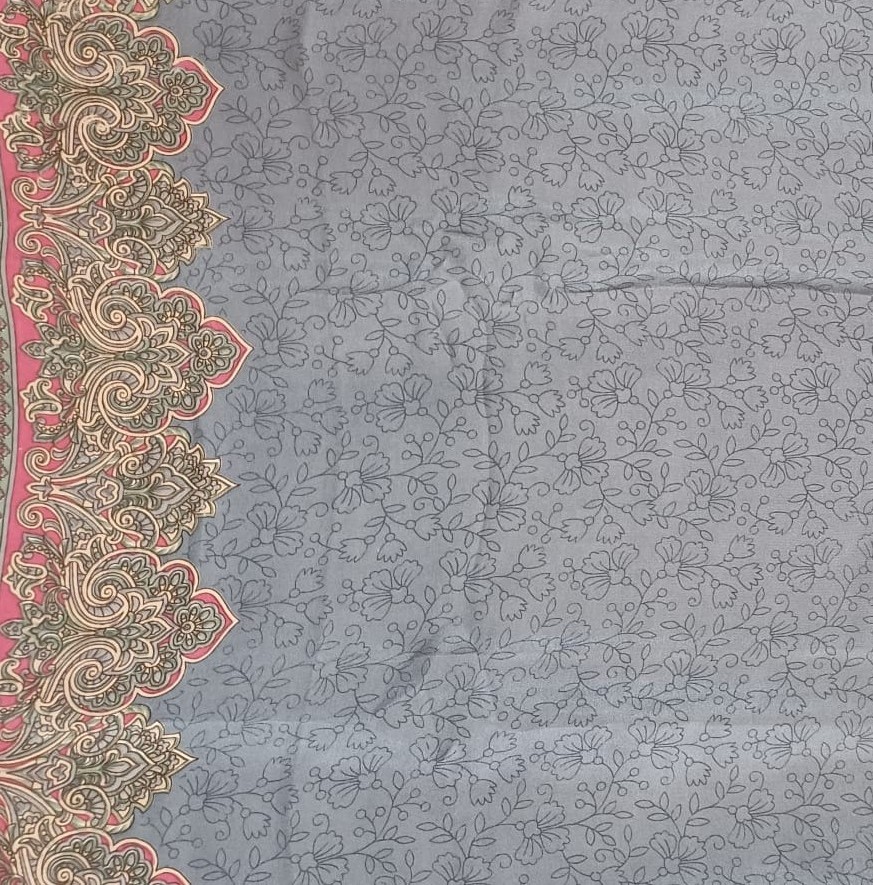 Tejido de semiseda gris con cenefas rosa Julunggul