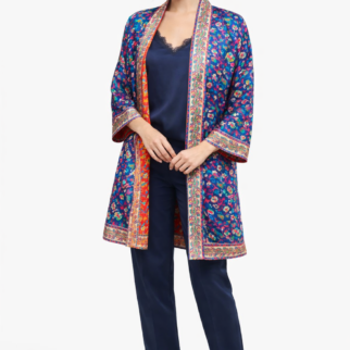 kimono reversible de semiseda azul y rojo con cenefas Julunggul