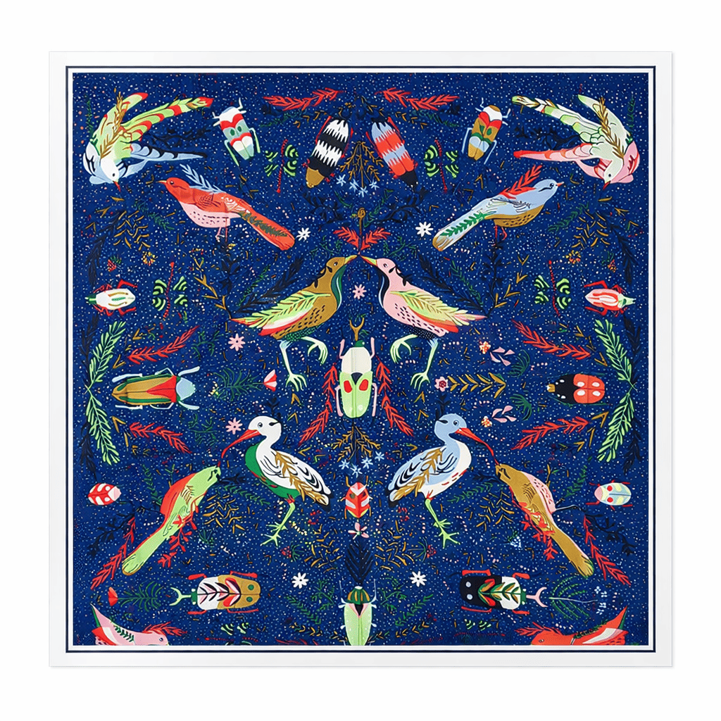 pañuelo de semiseda azul marino con pajaros 90x90 cm 1 Julunggul