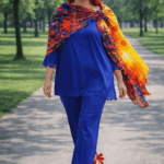 Fular de seda natural estampado en azul amarillo y rojo para cuello u chal de Julunggul