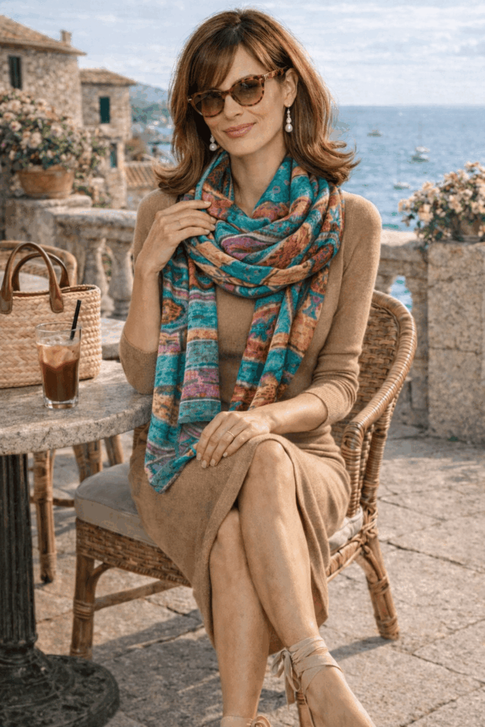 Fular o pañuelo grande de algodon organico y artesanal para verano de mujer conestampado azul marron y rosa de Julunggul