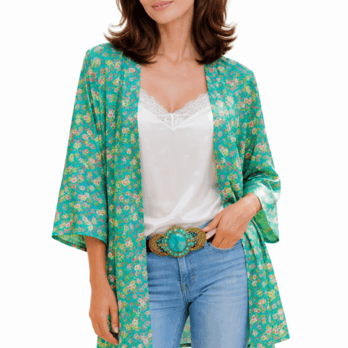 Kimono corto de seda turquesa estampado