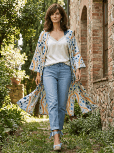Kimono de semiseda largo a medida en cualquier talla con estampado azul acero para fiesta o diario de Julunggul